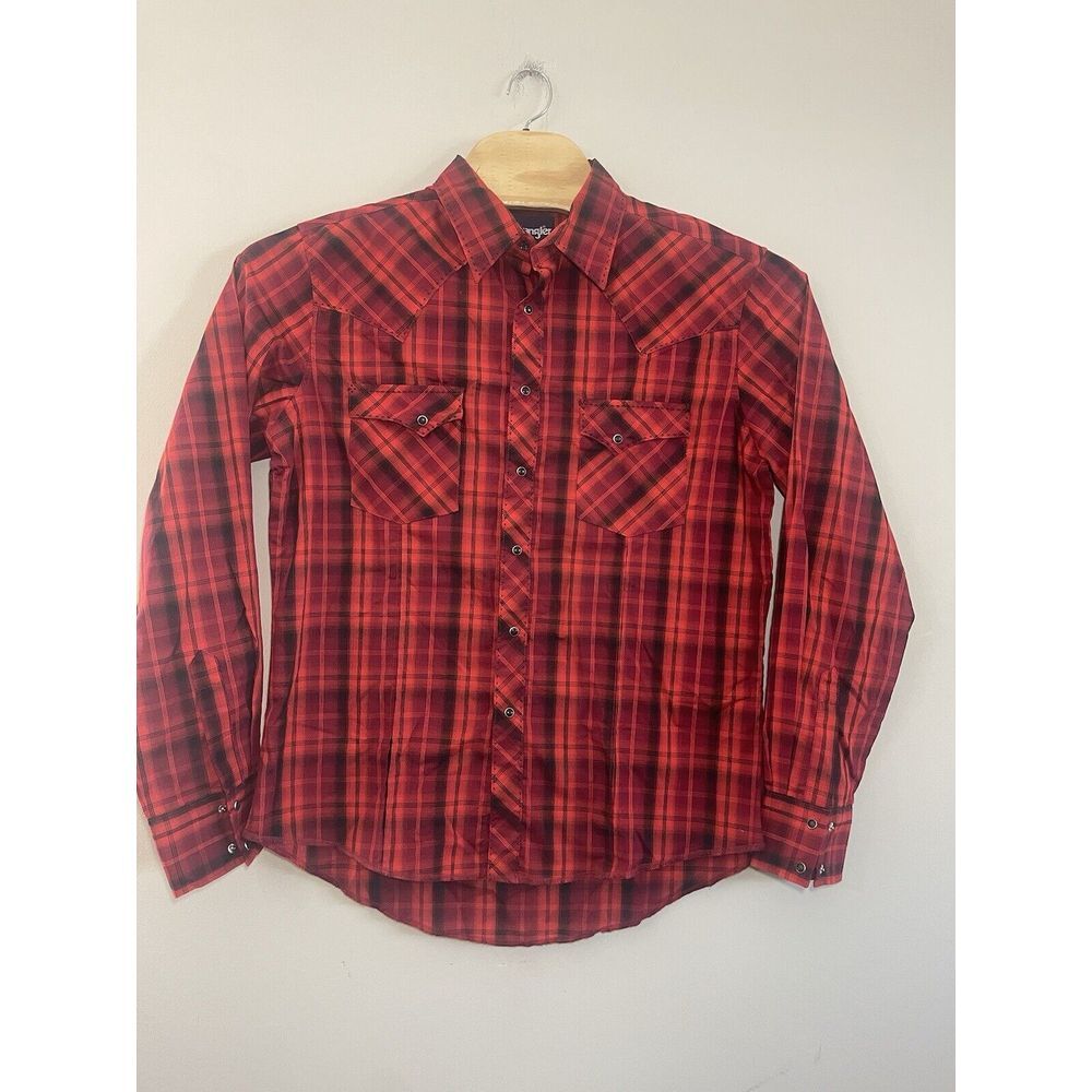 Wrangler‎ Shirt Men's XL Red/Black Long Sleeve Button Up Plaid Pearl Snaps
